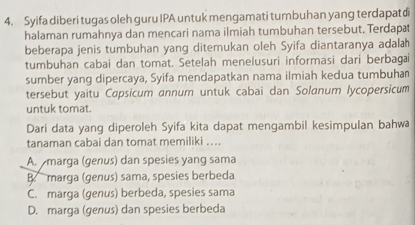 Syifa diberi tugas oleh guru IPA untuk mengamati tumbuhan yang terdapat di
halaman rumahnya dan mencari nama ilmiah tumbuhan tersebut. Terdapat
beberapa jenis tumbuhan yang ditemukan oleh Syifa diantaranya adalah
tumbuhan cabai dan tomat. Setelah menelusuri informasi dari berbagai
sumber yang dipercaya, Syifa mendapatkan nama ilmiah kedua tumbuhan
tersebut yaitu Capsicum annum untuk cabai dan Solanum lycopersicum
untuk tomat.
Dari data yang diperoleh Syifa kita dapat mengambil kesimpulan bahwa
tanaman cabai dan tomat memiliki …..
A. marga (genus) dan spesies yang sama
B. marga (genus) sama, spesies berbeda
C. marga (genus) berbeda, spesies sama
D. marga (genus) dan spesies berbeda