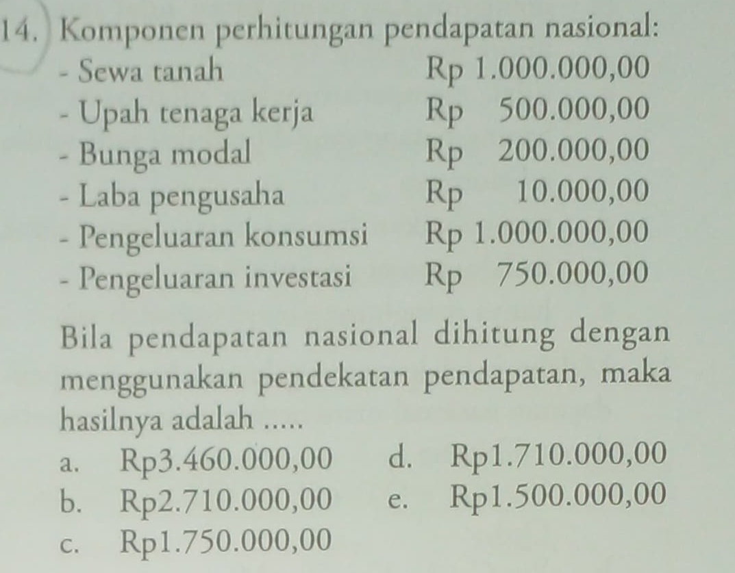 Komponen perhitungan pendapatan nasional:
- Sewa tanah Rp 1.000.000,00
- Upah tenaga kerja Rp 500.000,00
- Bunga modal Rp 200.000,00
- Laba pengusaha Rp 10.000,00
- Pengeluaran konsumsi Rp 1.000.000,00
- Pengeluaran investasi Rp 750.000,00
Bila pendapatan nasional dihitung dengan
menggunakan pendekatan pendapatan, maka
hasilnya adalah .....
a. Rp3.460.000,00 d. Rp1.710.000,00
b. Rp2.710.000,00 e. Rp1.500.000,00
c. Rp1.750.000,00