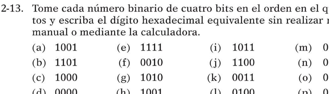 2-13. Tome cada número binario de cuatro bits en el orden en el q 
tos y escriba el dígito hexadecimal equivalente sin realizar 1 
manual o mediante la calculadora. 
(a) 1001 (e) 1111 (i) 1011 (m) 0
(b) 1101 (f) 0010 (j) 1100 (n) 0
(c) 1000 (g) 1010 (k) 0011 (o) 0
h) 1001 0100 (n) 0