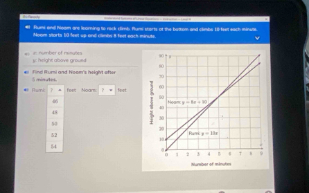 ( Reacy  =  sstalal fysss==s of Lineur Escetons -ictrunton =  1 oa 
€l Rumi and Noam are leaming to rock climb. Rumi starts at the battom and climbs 10 feet each minute.
Noom starts 10 feet up and climbs 8 feet each minute.
z: number of minutes
: height above ground
Find Rumi and Noam's height after 
5 minutes
* Rumi feet Noam: ? feet
46
48
50
52
54
Number of minutes