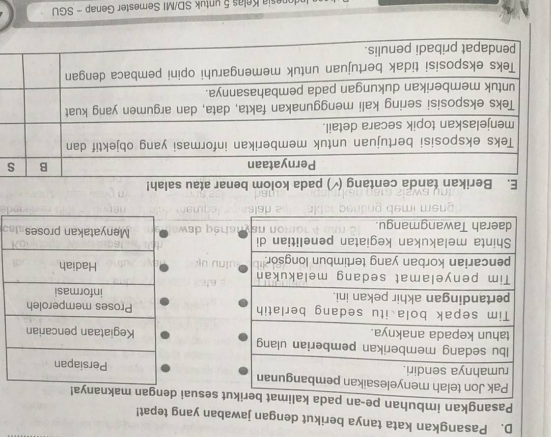 Pasangkan kata tanya berikut dengan jawaban yang tepat! 
Pasangkan imbuhan ut sesuai dengan makn 


obenar atau salah! 
nesia Kelas 5 untuk SD/MI Semester Genap - SGU