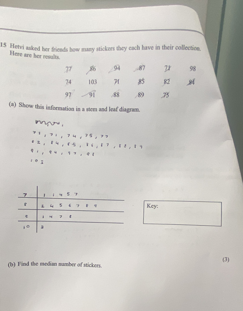 Hetvi asked her friends how many stickers they each have in their collection. 
Here are her results. 98
86 94 87 2
74 103 A , 85 82 84
97 91 /88 89 75
(a) Show this information in a stem and leaf diagram. 
ny
71, 71, 74, 75, 77
ε 2 , 『 4 , 55, 86 , 8 7 , 8 8 , 8 9
9 1 , 9 4 ， 9 フ， 9 8 
1 º 3 
Key: 
(3) 
(b) Find the median number of stickers.