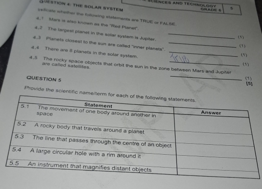 Sciences and Technology GRADE 6 5 
QUESTION 4: THE SOLAR SYSTEM 
lvificate whether the following statements are TRUE or FALSE. 
4.1 Mars is also known as the "Red Planet". 
4.2 The largest planet in the solar system is Jupiter._ 
(1) 
4.3 Planets closest to the sun are called "inner planets"._ 
(1) 
4.4 There are 8 planets in the solar system._ 
(1) 
(1) 
_ 
4.5 The rocky space objects that orbit the sun in the zone between Mars and Jupiter 
are called satellites. 
(1) 
QUESTION 5 [5] 
Provide the scientific n