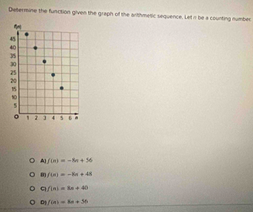 Determine the function given the graph of the arithmetic sequence. Let n be a counting number.
A) f(n)=-8n+56
B) f(n)=-8n+48
C f(n)=8n+40
D) f(n)=8n+56