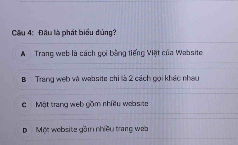 Đâu là phát biểu đúng?
A Trang web là cách gọi bằng tiếng Việt của Website
B Trang web và website chỉ là 2 cách gọi khác nhau
c Một trang web gồm nhiều website
D Một website gồm nhiều trang web