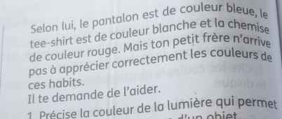 Selon lui, le pantalon est de couleur bleue, le 
tee-shirt est de couleur blanche et la chemise 
de couleur rouge. Mais ton petit frère n’arrive 
pas à apprécier correctement les couleurs de 
ces habits. 
Il te demande de l’aider. 
1. Précise la couleur de la lumière qui permet