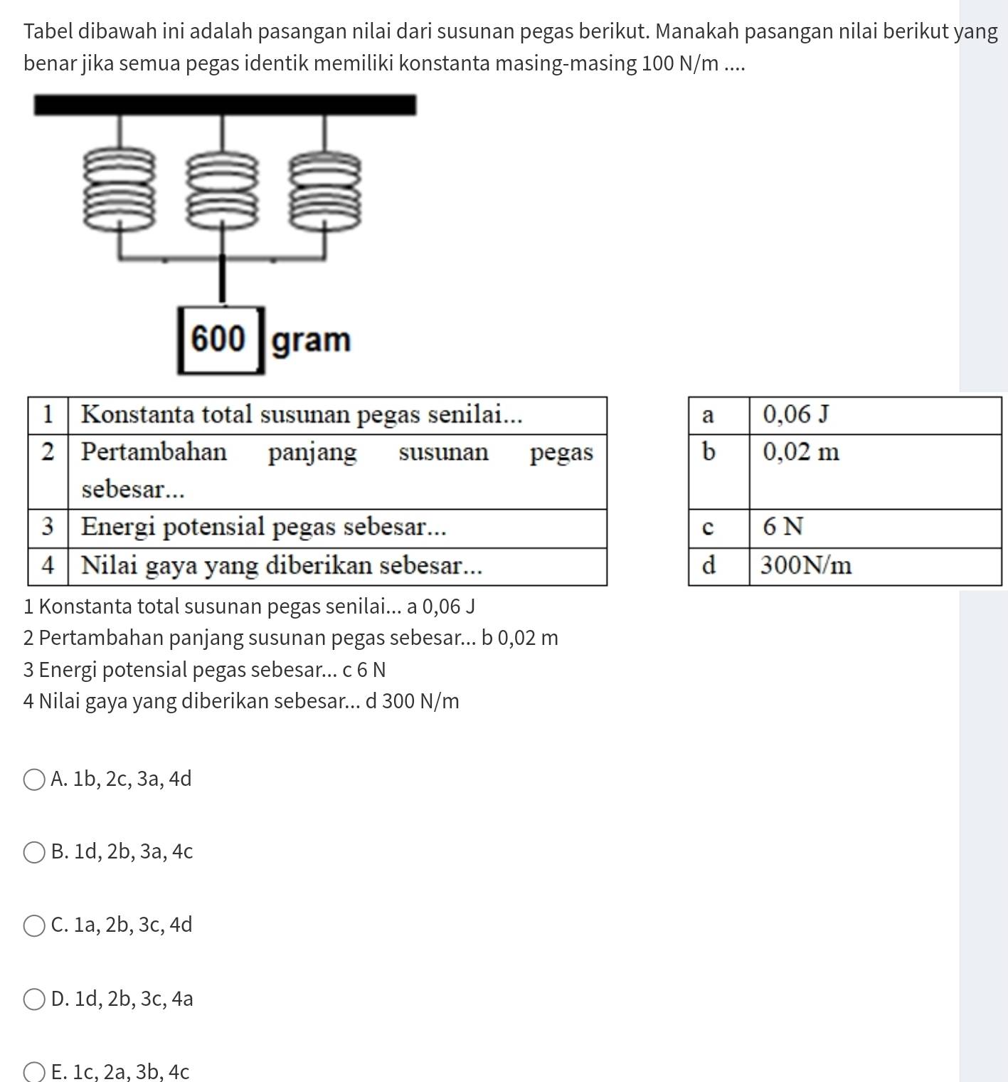 Tabel dibawah ini adalah pasangan nilai dari susunan pegas berikut. Manakah pasangan nilai berikut yang
benar jika semua pegas identik memiliki konstanta masing-masing 100 N/m....
1 Konstanta total susunan pegas senilai... a 0,06 J
2 Pertambahan panjang susunan pegas sebesar... b 0,02 m
3 Energi potensial pegas sebesar... c 6 N
4 Nilai gaya yang diberikan sebesar... d 300 N/m
A. 1b, 2c, 3a, 4d
B. 1d, 2b, 3a, 4c
C. 1a, 2b, 3c, 4d
D. 1d, 2b, 3c, 4a
E. 1c, 2a 、 3b, 4c