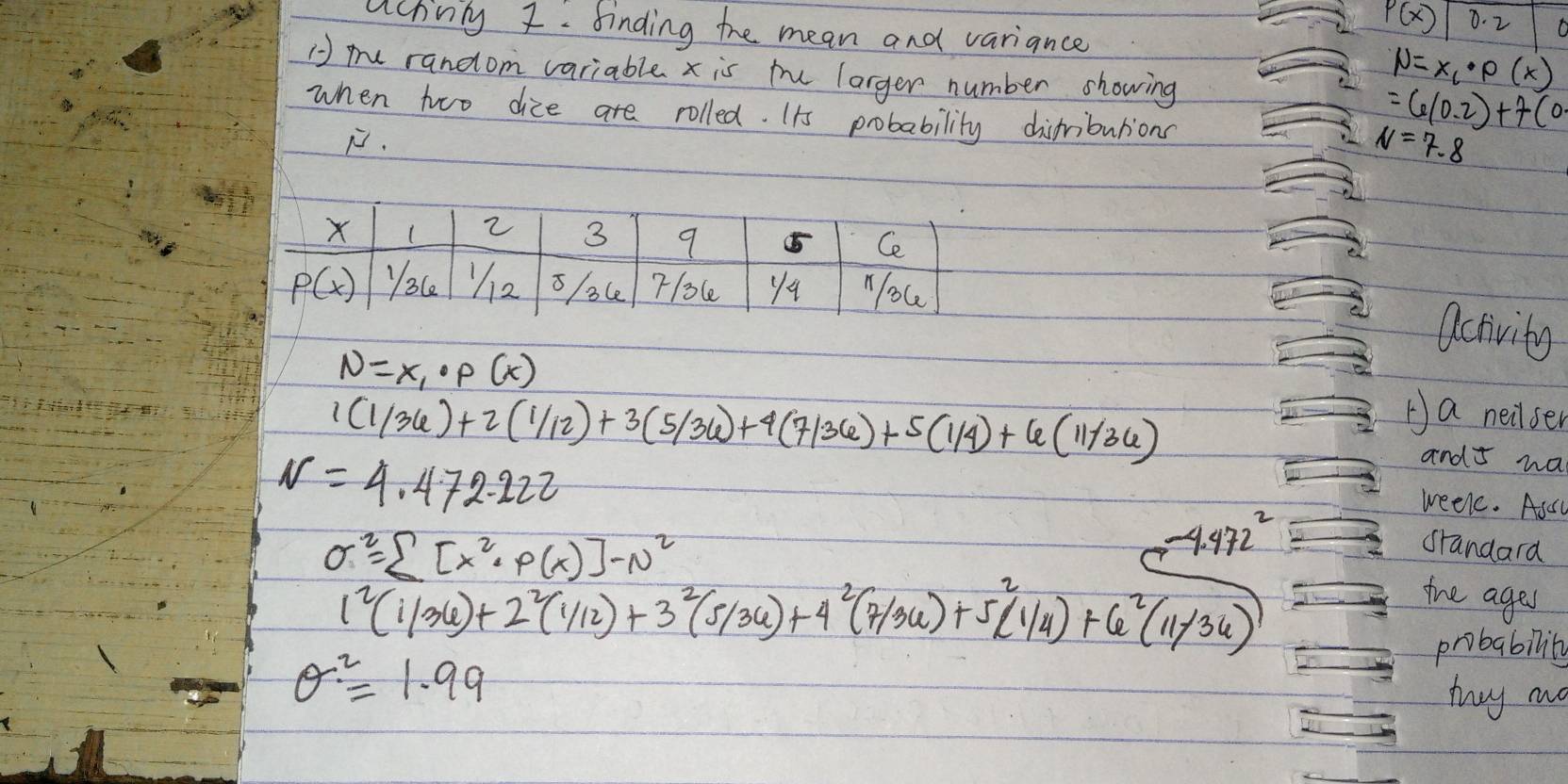 P(x) D. 2 O
uchinty I. finding the mean and variance
() mu random variable x is tu larger number showing
N=x_1· p(x)
=6(0.2)+7(0·
when two dice are rolled. Its probability distributions N=7.8.
activity
N=x,· p(x)
1(1/36)+2(1/12)+3(5/36)+4(7/36)+5(1/4)+6(11/36)
Ha neilser
N=4.472-222
and wa
week. Asu
sigma^2=sumlimits [x^2· P(x)]-N^2
-4.472^2
srandard
1^2(i/36)+2^2(i/12)+3^2(5/36)+4^2(7/36)+5^2(1/4)+6^2(11/36)
the ages
probabilit
sigma^2=1.99
muy ao