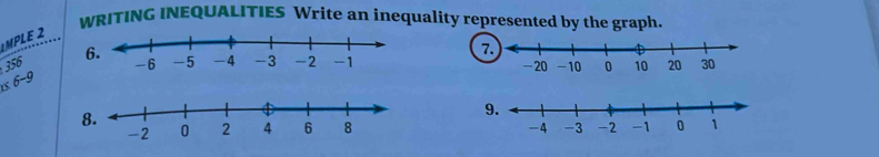 WRITING INEQUALITIES Write an inequality represented by the graph. 
MPLE 2 
6.
356
is6-9
8. 
9.