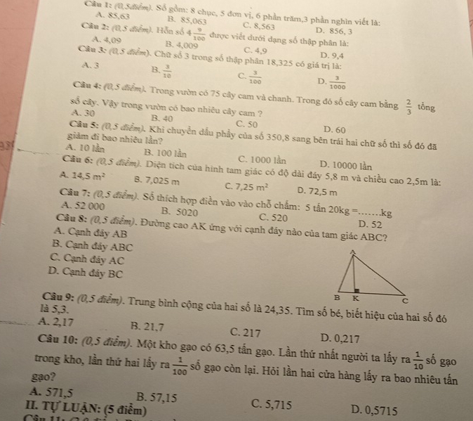 Cầu 1: (0,5hểm). Số gồm: 8 chục, 5 đơn vị, 6 phần trăm,3 phần nghìn viết là:
A. 85,63 B. 85,063 C. 8,563 D. 856, 3
Câu 2: (0,5 diểm). Hỗn số 4 9/100  được viết dưới dạng số thập phân là:
A. 4,09 B. 4,009 C. 4,9 D. 9,4
Câu 3: (0,5 điểm). Chữ số 3 trong số thập phân 18,325 có giá trị là:
A. 3 B.  3/10  C.  3/100  D.  3/1000 
Cầu 4: (0,5 điểm). Trong vườn có 75 cây cam và chanh. Trong đó số cây cam bằng  2/3  tổng
số cây. Vậy trong vườn có bao nhiêu cây cam ?
A. 30 B. 40 C. 50 D. 60
Cầu 5: (0,5 điểm). Khi chuyển dầu phầy của số 350,8 sang bên trái hai chữ số thì số đó đã
giảm đi bao nhiêu lần?
93y A. 10 lần B. 100 lần C. 1000 lần D. 10000 lần
Cầu 6: (0,5 điểm). Diện tích của hình tam giác có độ dài đáy 5,8 m và chiều cao 2,5m là:
A. 14,5m^2 B. 7,025 m C. 7,25m^2 D. 72,5 m
Câu 7: (0,5 điểm). Số thích hợp điền vào vào chỗ chấm: 5twidehat an20kg=...kg
A. 52 000 B. 5020 C. 520 D. 52
Câu 8: (0,5 điểm). Đường cao AK ứng với cạnh đáy nào của tam giác ABC?
A. Cạnh đảy AB
B. Cạnh đảy ABC
C. Cạnh đảy AC
D. Cạnh đáy BC
Câu 9: (0,5 điễm). Trung bình cộng của hai số là 24,35. Tìm số bé, biết hiệu của hai số đó
là 5,3.
A. 2,17 B. 21,7 C. 217 D. 0,217
Câu 10: (0,5 điểm). Một kho gạo có 63,5 tấn gạo. Lần thứ nhất người ta lấy ra  1/10  số gạo
trong kho, lần thứ hai lấy ra  1/100  số gạo còn lại. Hỏi lần hai cửa hàng lấy ra bao nhiêu tấn
gạo?
A. 571,5 B. 57,15 C. 5,715
II. Tự LUẠN: (5 điểm) D. 0,5715
Câu