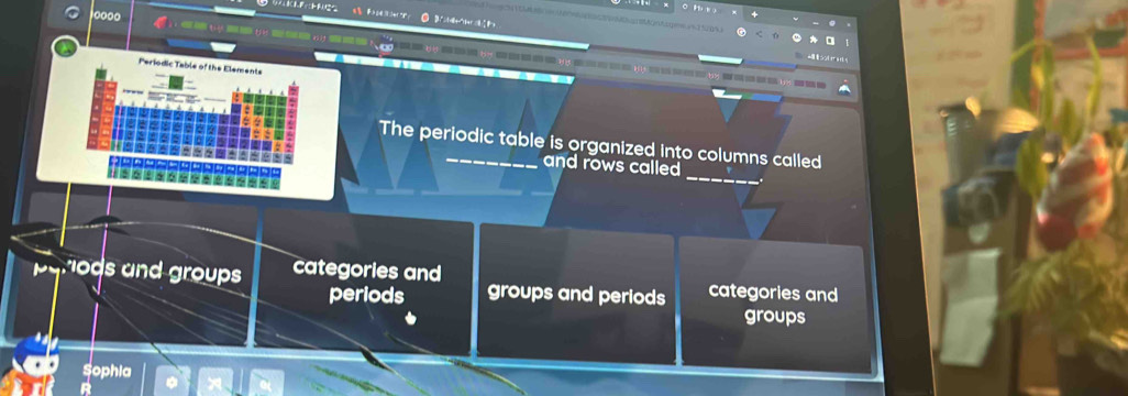 10000 e 
Periodic Table of the Elements 
The periodic table is organized into columns called 
and rows called 
* é e 
parods and groups categories and groups and periods categories and 
periods 
groups 
Sophia