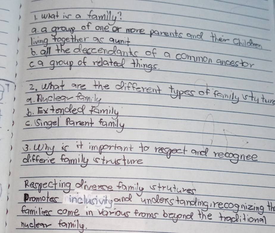 what is a family?
a. a group of one or more parents and their children
living together as aunit
6. all the deccendants of a common ancestor
c a group of related things.
2. what are the different types of family stuture
a. Duclear family
6. Extended family
c. Singel Parent family
3. Why is it important to respect and recognee
differie family strusture
Respecting divence family strutures
Promotes inclusivity and undlerstanding, recognizing th
families come in various froms beyond the traditional
nuclear family.