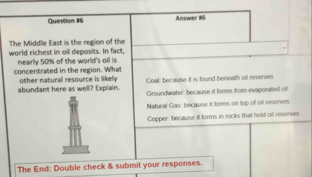 Answer #6
The Middle East is the region of the
world richest in oil deposits. In fact,
nearly 50% of the world's oil is
concentrated in the region. What
other natural resource is likely Coal: because it is found beneath oil reserves
abundant here as well? Explain.
Groundwater: because it forms from evaporated oil
Natural Gas: because it forms on top of oil reserves.
Copper: because it forms in rocks that hold oil reserves
The End: Double check & submit your responses.