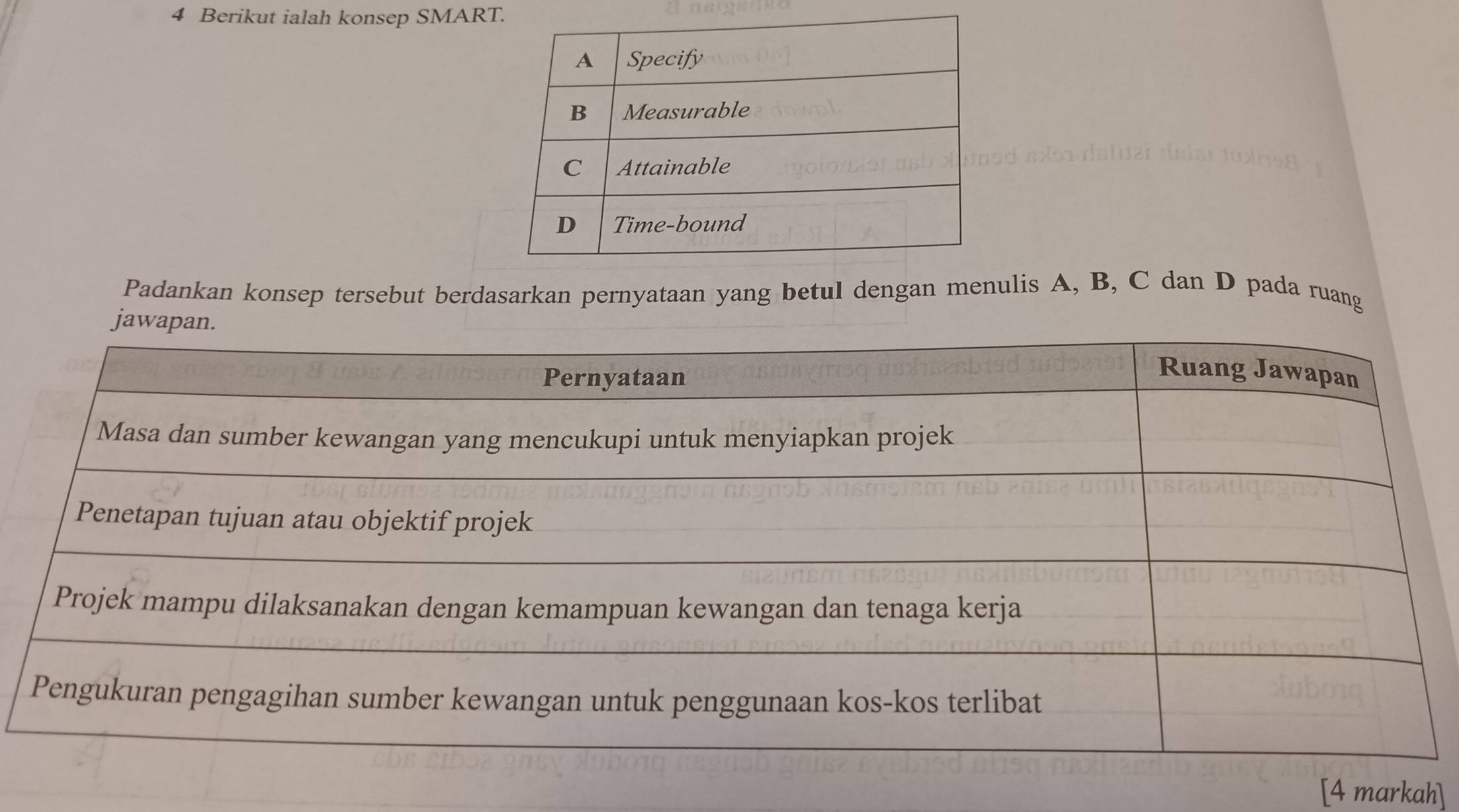 Berikut ialah konsep SMAR 
Padankan konsep tersebut berdasarkan pernyataan yang betul dengan menulis A, B, C dan D pada ruang 
[4 markah]