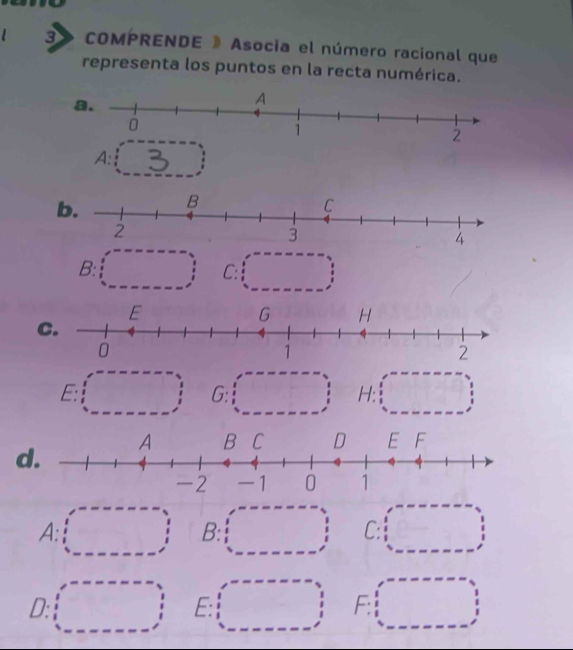 ③ COMPRENDE 》 Asocia el número racional que
representa los puntos en la recta numérica.
a.
A:
B: □  C: x_
C.
E: ^circ 1 G: Ca+y= □ /□   H: □  1/2 
d
□ 
A: □  □  B: □  C: □
D: □ 
E: ()^ F: r_1^((circ) □)