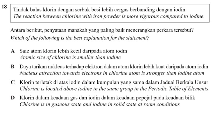 Tindak balas klorin dengan serbuk besi lebih cergas berbanding dengan iodin.
The reaction between chlorine with iron powder is more vigorous compared to iodine.
Antara berikut, penyataan manakah yang paling baik menerangkan perkara tersebut?
Which of the following is the best explanation for the statement?
A Saiz atom klorin lebih kecil daripada atom iodin
Atomic size of chlorine is smaller than iodine
B Daya tarikan nukleus terhadap elektron dalam atom klorin lebih kuat daripada atom iodin
Nucleus attraction towards electrons in chlorine atom is stronger than iodine atom
C Klorin terletak di atas iodin dalam kumpulan yang sama dalam Jadual Berkala Unsur
Chlorine is located above iodine in the same group in the Periodic Table of Elements
D Klorin dalam keadaan gas dan iodin dalam keadaan pepejal pada keadaan bilik
Chlorine is in gaseous state and iodine in solid state at room conditions