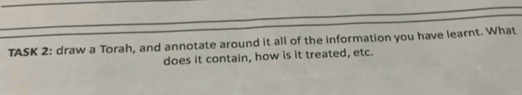 TASK 2: draw a Torah, and annotate around it all of the information you have learnt. What 
does it contain, how is it treated, etc.