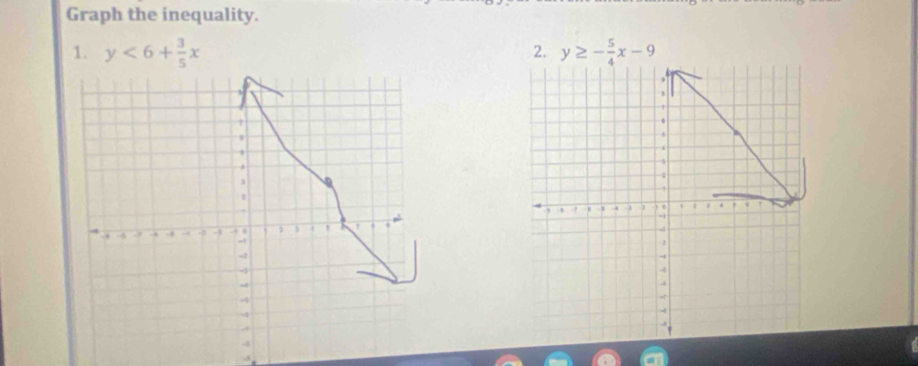 Graph the inequality.
1. y<6+ 3/5 x y≥ - 5/4 x-9
2.