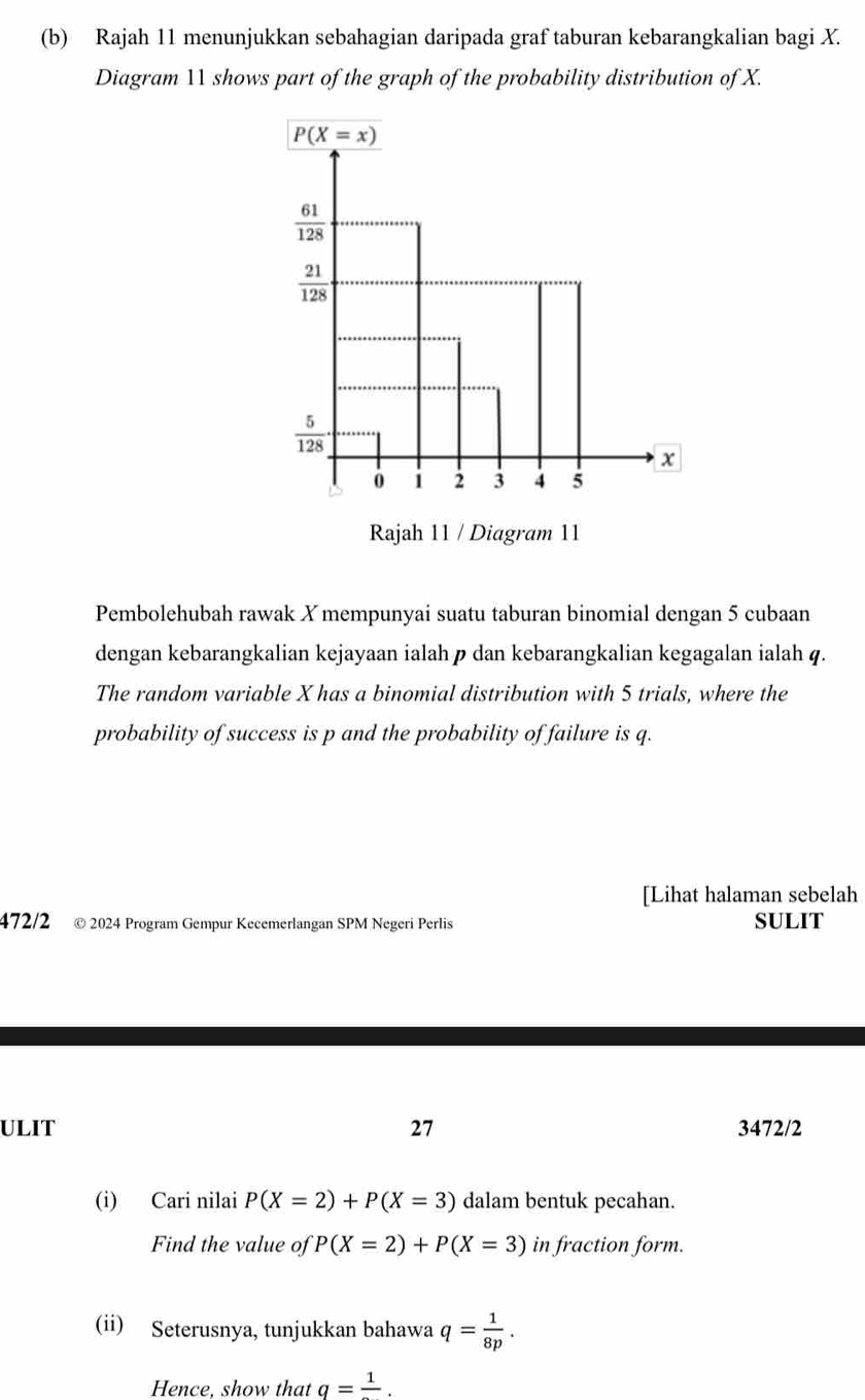 Rajah 11 menunjukkan sebahagian daripada graf taburan kebarangkalian bagi X.
Diagram 11 shows part of the graph of the probability distribution of X.
Rajah 11 / Diagram 11
Pembolehubah rawak Xmempunyai suatu taburan binomial dengan 5 cubaan
dengan kebarangkalian kejayaan ialah ø dan kebarangkalian kegagalan ialah q.
The random variable X has a binomial distribution with 5 trials, where the
probability of success is p and the probability of failure is q.
[Lihat halaman sebelah
472/2 © 2024 Program Gempur Kecemerlangan SPM Negeri Perlis SULIT
ULIT 27 3472/2
(i) Cari nilai P(X=2)+P(X=3) dalam bentuk pecahan.
Find the value of P(X=2)+P(X=3) in fraction form.
(ii) Seterusnya, tunjukkan bahawa q= 1/8p .
Hence, show that q=frac 1.