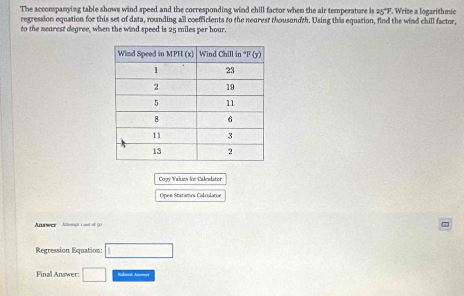 The accompanying table shows wind speed and the corresponding wind chill factor when the air temperature is 25°F Write a logarithmic
regression equation for this set of data, rounding all coefficients to the neorest thousandth. Using this equation, find the wind chill factor,
to the nearest degree, when the wind speed is 25 miles per hour.
Copy Values for Calculator
Open Statistics Calculator
Answer Attempt 1 out of 50
Regression Equation: □
Final Answer: □ Sihmit Ats=er