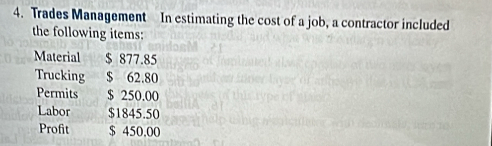 Trades Management In estimating the cost of a job, a contractor included 
the following items: 
Material $ 877.85
Trucking $ 62.80
Permits $ 250.00
Labor $1845.50
Profit $ 450.00