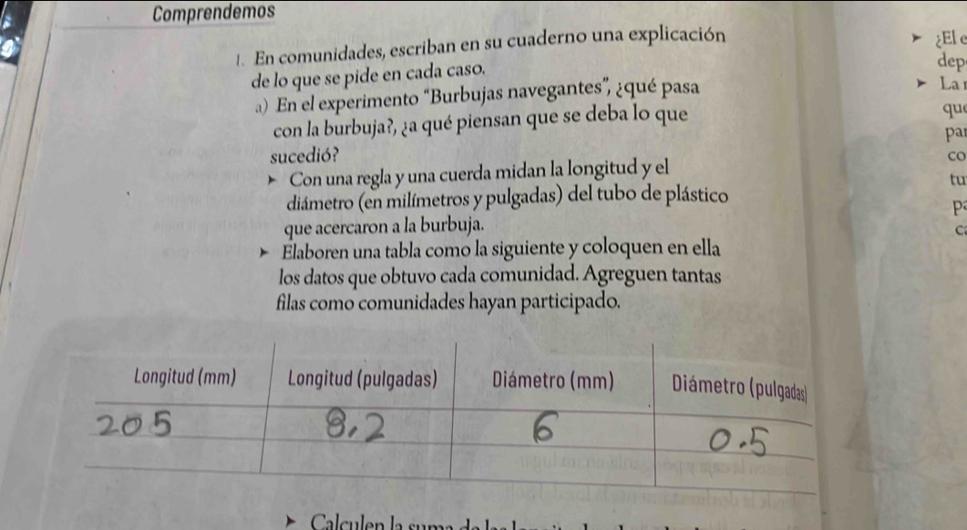 Comprendemos 
1. En comunidades, escriban en su cuaderno una explicación 
¿Ele 
de lo que se pide en cada caso. 
dep 
) En el experimento “Burbujas navegantes”, ¿qué pasa 
La1 
con la burbuja?, ¿a qué piensan que se deba lo que 
que 
par 
sucedió? 
Con una regla y una cuerda midan la longitud y el co 
tu 
diámetro (en milímetros y pulgadas) del tubo de plástico 

que acercaron a la burbuja. 
C 
Élaboren una tabla como la siguiente y coloquen en ella 
los datos que obtuvo cada comunidad. Agreguen tantas 
filas como comunidades hayan participado. 
Calculen la sum