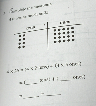 Complete the equations.
4 times as much as 25
tens ones
4* 25=(4* 2tens)+(4* 5 O nes 
=(_ 
tens)+ (_ ones) 
_= 
_+