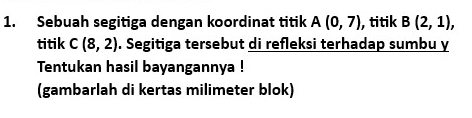 Sebuah segitiga dengan koordinat titik A(0,7) , titik B(2,1), 
titik C(8,2). Segitiga tersebut di refleksi terhadap sumbu y 
Tentukan hasil bayangannya ! 
(gambarlah di kertas milimeter blok)