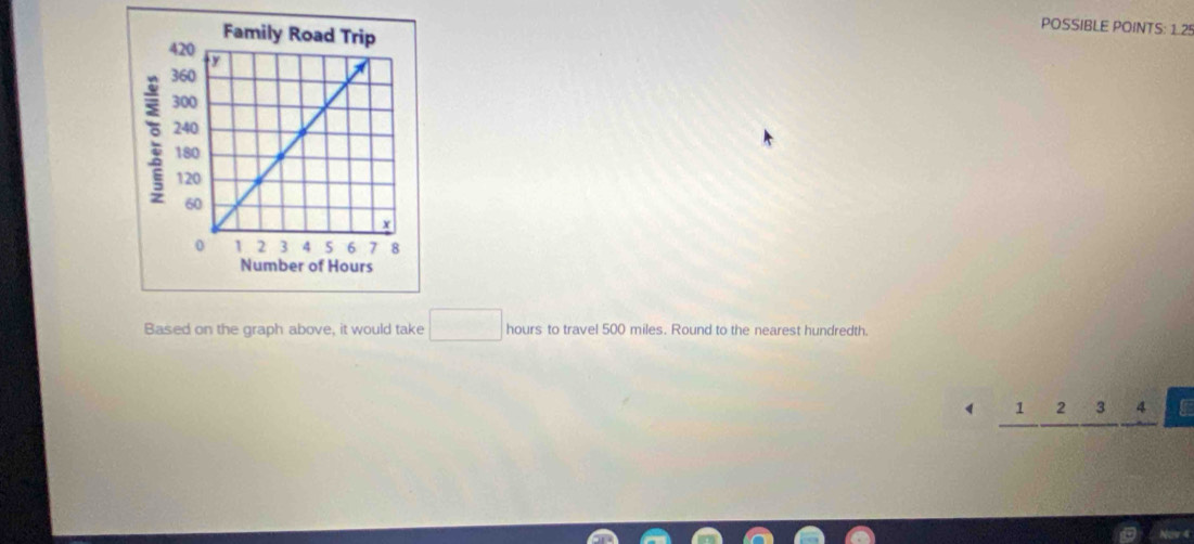 Family Road Trip 
POSSIBLE POINTS: 1.25
e 
Number of Hours
Based on the graph above, it would take □ hours to travel 500 miles. Round to the nearest hundredth.
1 2 3 4 [ 
Nov 4