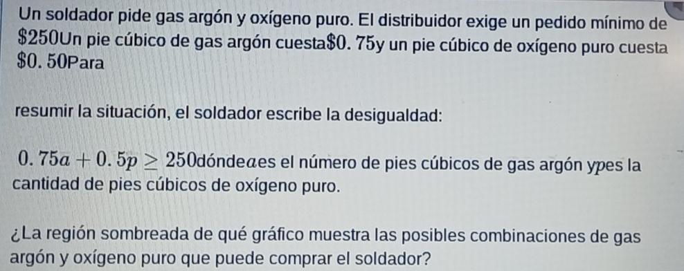 Un soldador pide gas argón y oxígeno puro. El distribuidor exige un pedido mínimo de
$250Un pie cúbico de gas argón cuesta $0. 75y un pie cúbico de oxígeno puro cuesta
$0. 50Para
resumir la situación, el soldador escribe la desigualdad:
0.75a+0.5p≥ 250 Odóndeaes el número de pies cúbicos de gas argón ypes la 
cantidad de pies cúbicos de oxígeno puro. 
¿La región sombreada de qué gráfico muestra las posibles combinaciones de gas 
argón y oxígeno puro que puede comprar el soldador?