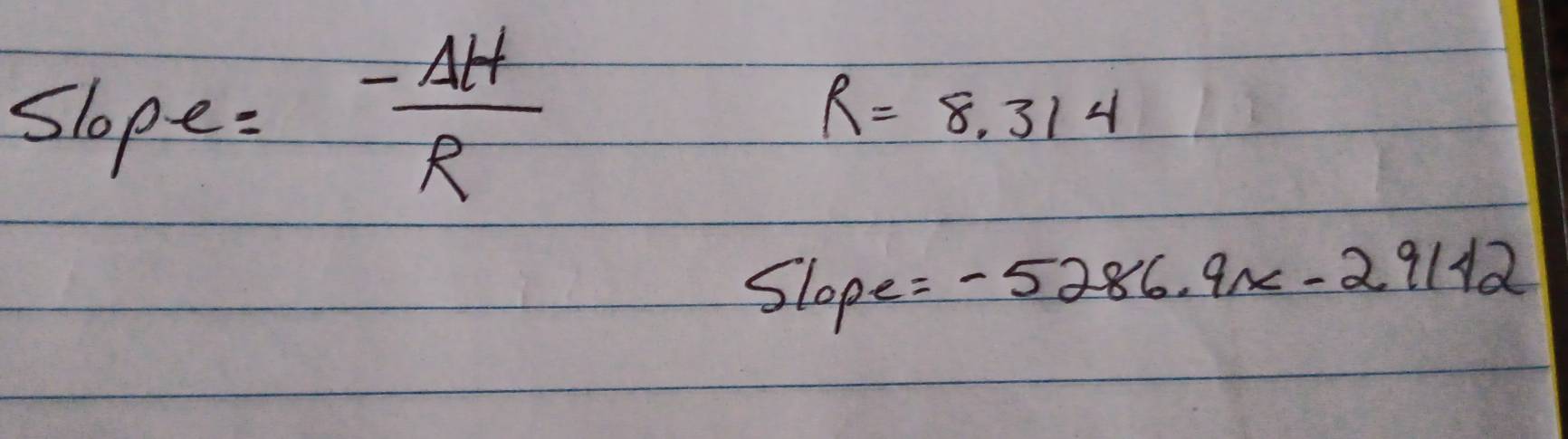 Slope = (-Delta H)/R 
R=8.314
Slope =-5286.9x-29142