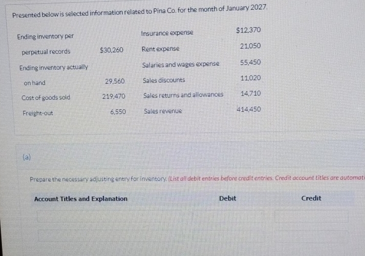 Presented below is selected information related to Pina Co. for the month of January 2027. 
Ending inventory per Insurance expense $12.370
perpetual records $30,260 Rent expense 21,050
Ending inventory actually Salaries and wages expense 55,450
on hand 29,560 Sales discounts 11.020
Cost of goods sold 219,470 Sales returns and allowances 14,710
Freight-out 6,550 Sales revenue 414,450
(a) 
Prepare the necessary adjusting entry for inventory. (List all debit entries before credit entries. Credit occount titles are automoti