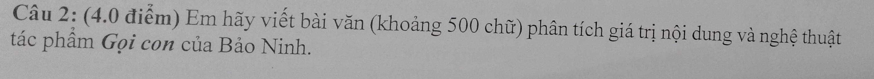 Em hãy viết bài văn (khoảng 500 chữ) phân tích giá trị nội dung và nghệ thuật 
tác phẩm Gọi con của Bảo Ninh.