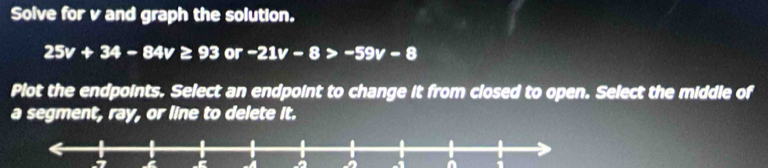 Solve for v and graph the solution.
25v+34-84v ≥ 930 r -21v-8>-59v-8
Plot the endpoints. Select an endpoint to change it from closed to open. Select the middle of 
a segment, ray, or line to delete it. 
-A a a ^ 1