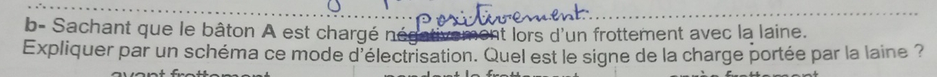 b- Sachant que le bâton A est chargé négativement lors d'un frottement avec la laine. 
Expliquer par un schéma ce mode d'électrisation. Quel est le signe de la charge portée par la laine ?