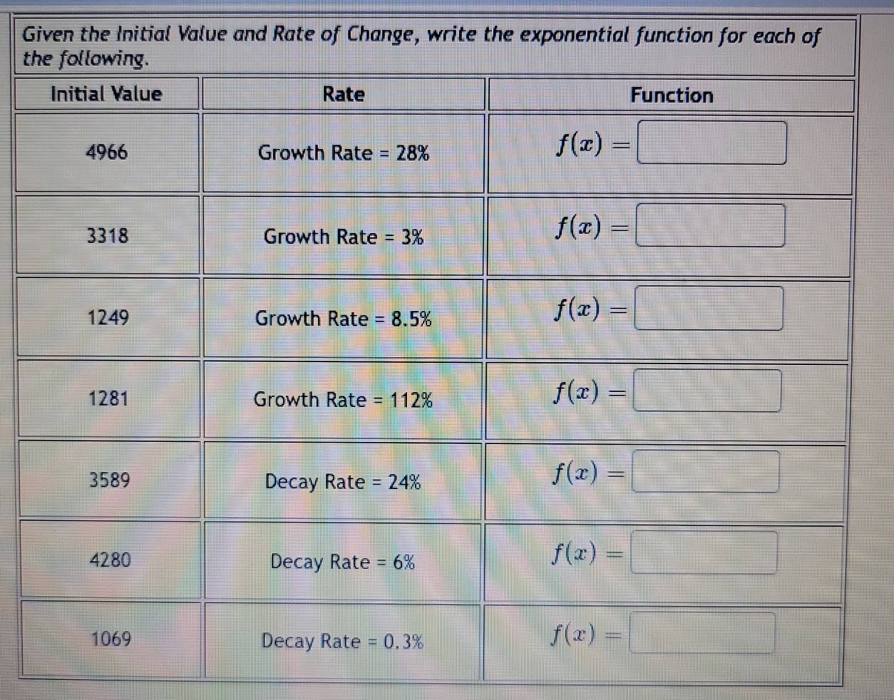 Given the Initial Value and Rate of Change, write the exponential functi
t