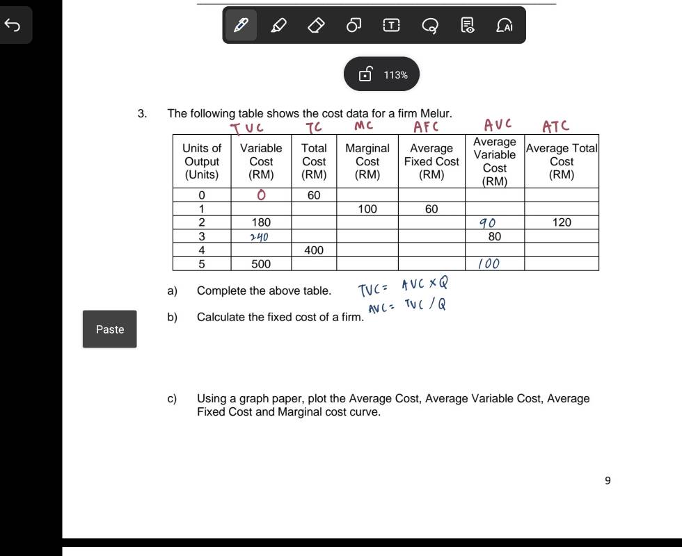 113% 
3. The following table shows the cost data for a firm Melur. 
a) Complete the above table. 
b) Calculate the fixed cost of a firm. 
Paste 
c) Using a graph paper, plot the Average Cost, Average Variable Cost, Average 
Fixed Cost and Marginal cost curve. 
9