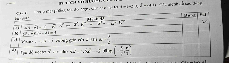 BT tích vò HươNg C
t phẳng tọa độ Oxy, cho các vectơ vector a=(-2;3),vector b=(4;1). Các mệnh đề sau đúng