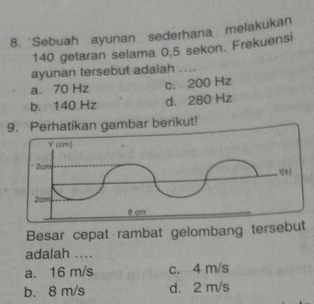 “Sebuah ayunan sederhana melakukan
140 getaran selama 0,5 sekon. Frekuensi
ayunan tersebut adalah ....
a. 70 Hz c. 200 Hz
b. 140 Hz d. 280 Hz
9. Perhatikan gambar berikut!
Besar cepat rambat gelombang tersebut
adalah ....
a. 16 m/s c. 4 m/s
b. 8 m/s d. 2 m/s