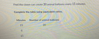 Fred the clown can create 20 animal balloons every 15 minutes. 
Complete the table using equivalent ratios. 
ons