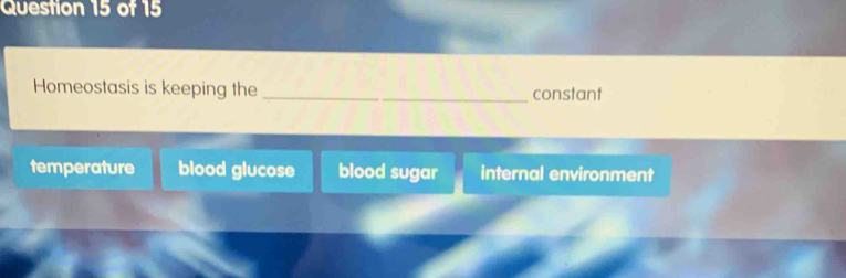 Homeostasis is keeping the _constant
temperature blood glucose blood sugar internal environment