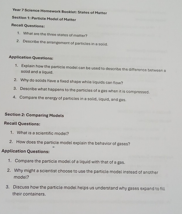 Solved: Year 7 Science Homework Booklet: States of Matter Section 1 ...