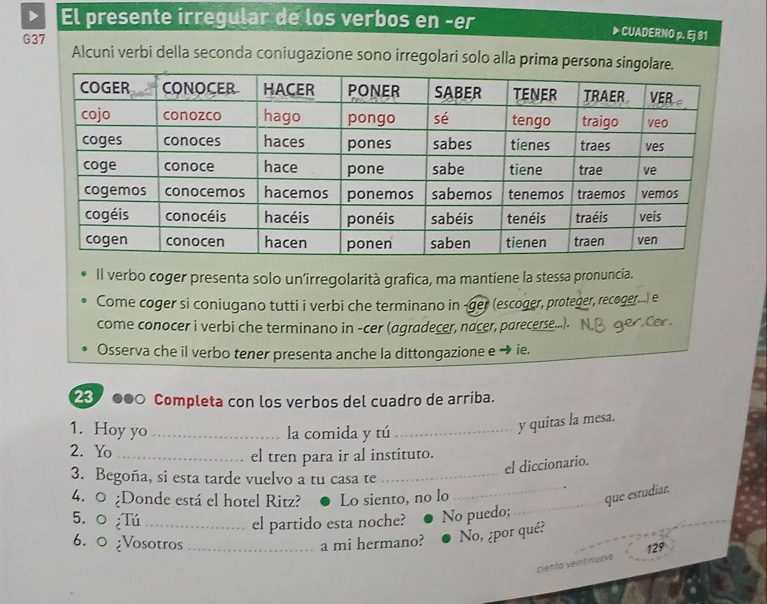 El presente irregular de los verbos en -er ▶ CUADERNO p. Ej 81 
G37 
Alcuni verbi della seconda coniugazione sono irregolari solo alla prima persona si 
Il verbo coger presenta solo un’irregolarità grafica, ma mantiene la stessa pronuncia. 
Come coger si coniugano tutti i verbi che terminano in -ger (escoger, proteger, recoger...) e 
come conocer i verbi che terminano in -cer (agradecer, nacer, parecerse...). N.B ger,Cer . 
Osserva che il verbo tener presenta anche la dittongazione e → ie. 
23 ●●○ Completa con los verbos del cuadro de arriba. 
1. Hoy yo _la comida y tú_ 
y quitas la mesa. 
2. Yo_ 
el tren para ir al instituto. 
el diccionario. 
3. Begoña, si esta tarde vuelvo a tu casa te_ 
4. 0 ¿Donde está el hotel Ritz? Lo siento, no lo_ 
_que estudiar. 
5.0 Tú_ el partido esta noche? No puedo; 
6. 0 ¿Vosotros_ a mi hermano? No, ¿por qué? 
129 
ciento veintinuevs