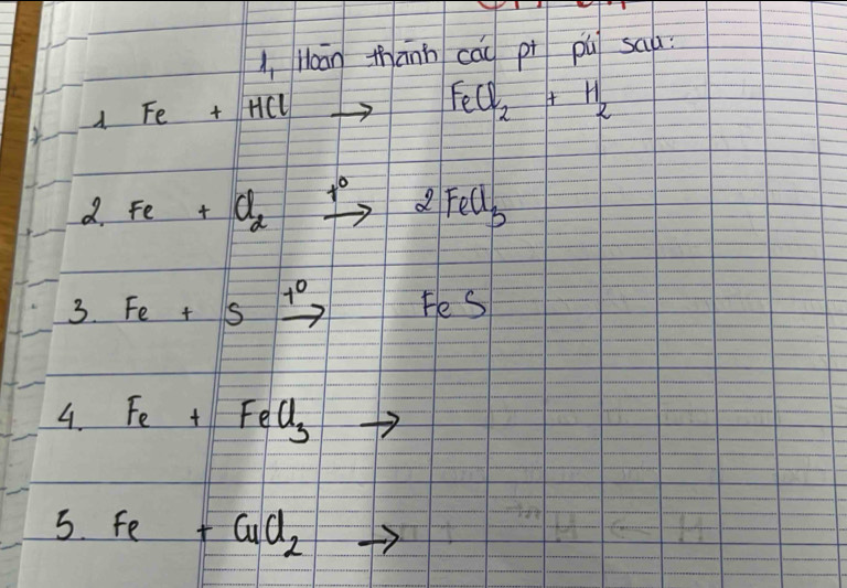 Maān thānn cāu pi pú saa
1Fe+HClto FeCl_2+H_2
2. Fe+Cl_2xrightarrow +2FeCl_3
3. Fe+Sxrightarrow +0FeS
4. Fe+FeCl_3
5. Fe+CuCl_2to