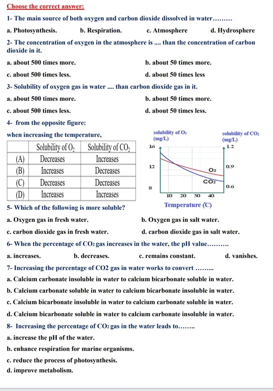 Choose the correct answer:
1- The main source of both oxygen and carbon dioxide dissolved in water_
a. Photosynthesis. b. Respiration. c. Atmosphere d. Hydrosphere
2- The concentration of oxygen in the atmosphere is .... than the concentration of carbon
dioxide in it.
a. about 500 times more. b. about 50 times more.
c. about 500 times less. d. about 50 times less
3- Solubility of oxygen gas in water .... than carbon dioxide gas in it.
a. about 500 times more. b. about 50 times more.
c. about 500 times less. d. about 50 times less.
4- from the opposite figure:
when increasing the temperature,
5- Which of the following is more soluble?
a. Oxygen gas in fresh water. b. Oxygen gas in salt water.
c. carbon dioxide gas in fresh water. d. carbon dioxide gas in salt water.
6- When the percentage of CO₂ gas increases in the water, the pH value_
a. increases. b. decreases. c. remains constant. d. vanishes.
7- Increasing the percentage of CO2 gas in water works to convert_
a. Calcium carbonate insoluble in water to calcium bicarbonate soluble in water.
b. Calcium carbonate soluble in water to calcium bicarbonate insoluble in water.
c. Calcium bicarbonate insoluble in water to calcium carbonate soluble in water.
d. Calcium bicarbonate soluble in water to calcium carbonate insoluble in water.
8- Increasing the percentage of CO_2 gas in the water leads to……...
a. increase the pH of the water.
b. enhance respiration for marine organisms.
c. reduce the process of photosynthesis.
d. improve metabolism.