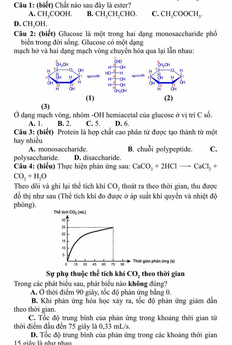 (biết) Chất nào sau đây là ester?
A. CH_3COOH. B. CH_3CH_2CHO. C. CH_3COOCH_3.
D. CH_3OH.
Câu 2: (biết) Glucose là một trong hai dạng monosaccharide phổ
biến trong đời sống. Glucose có một dạng
mạch hở và hai dạng mạch vòng chuyển hóa qua lại lẫn nhau:
6 
CH
H 5 a CH 
4 CH H 1  
CH a
H
(1) (2)
(3)
Ở dạng mạch vòng, nhóm -OH hemiacetal của glucose ở vị trí C số.
A. 1. B. 2. C. 5. D. 6.
Câu 3: (biết) Protein là hợp chất cao phân tử được tạo thành từ một
hay nhiều
A. monosaccharide. B. chuỗi polypeptide. C.
polysaccharide. D. disaccharide.
Câu 4: (hiểu) Thực hiện phản ứng sau: CaCO_3+2HClto CaCl_2+
CO_2+H_2O
Theo dõi và ghi lại thể tích khí CO_2 thoát ra theo thời gian, thu được
đồ thị như sau (Thể tích khí đo được ở áp suất khí quyền và nhiệt độ
phòng).
hời gian phản ứng (s)
Sự phụ thuộc thể tích khí CO_2 theo thời gian
Trong các phát biểu sau, phát biểu nào không đúng?
A. Ở thời điểm 90 giây, tốc độ phản ứng bằng 0.
B. Khi phản ứng hóa học xảy ra, tốc độ phản ứng giảm dần
theo thời gian.
C. Tốc độ trung bình của phản ứng trong khoảng thời gian từ
thời điểm đầu đến 75 giây là 0,33 mL/s.
D. Tốc độ trung bình của phản ứng trong các khoảng thời gian
15 giây là như nhau