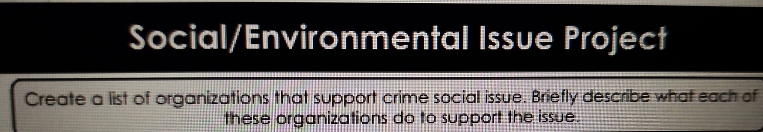 Social/Environmental Issue Project 
Create a list of organizations that support crime social issue. Briefly describe what each of 
these organizations do to support the issue.