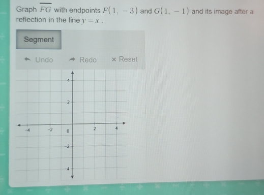 Graph overline FG with endpoints F(1,-3) and G(1,-1) and its image after a 
reflection in the line y=x. 
Segment 
Undo Redo × Reset