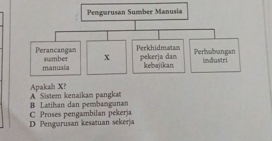 Apaka
A Sistem kenaikan pangkat
B Latihan dan pembangunan
C Proses pengambilan pekerja
D Pengurusan kesatuan sekerja