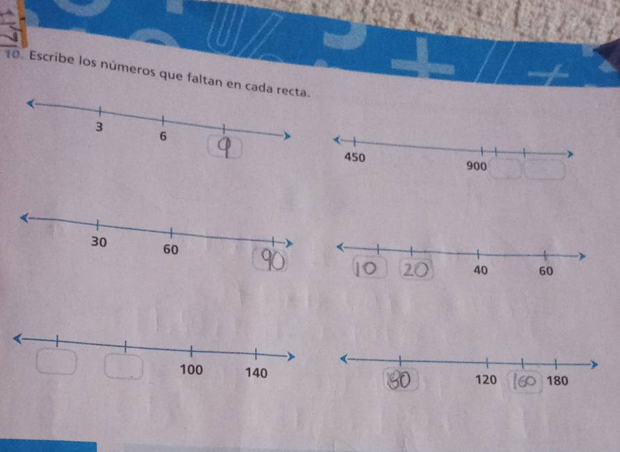 Escribe los números que faltan en cada recta.